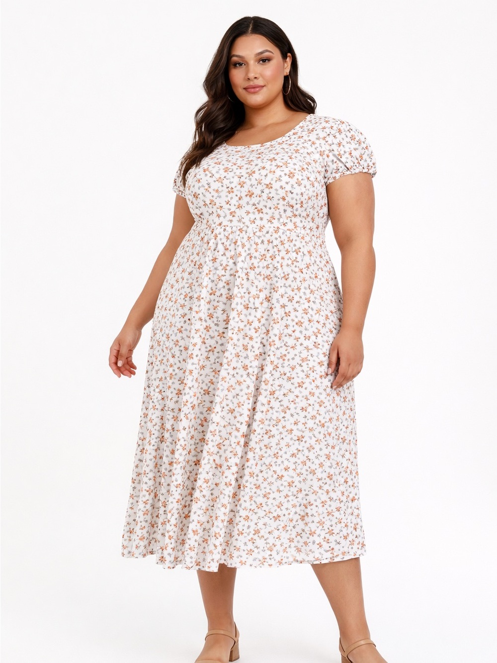 Justify Cream Midi Dress with Tan Floral Print